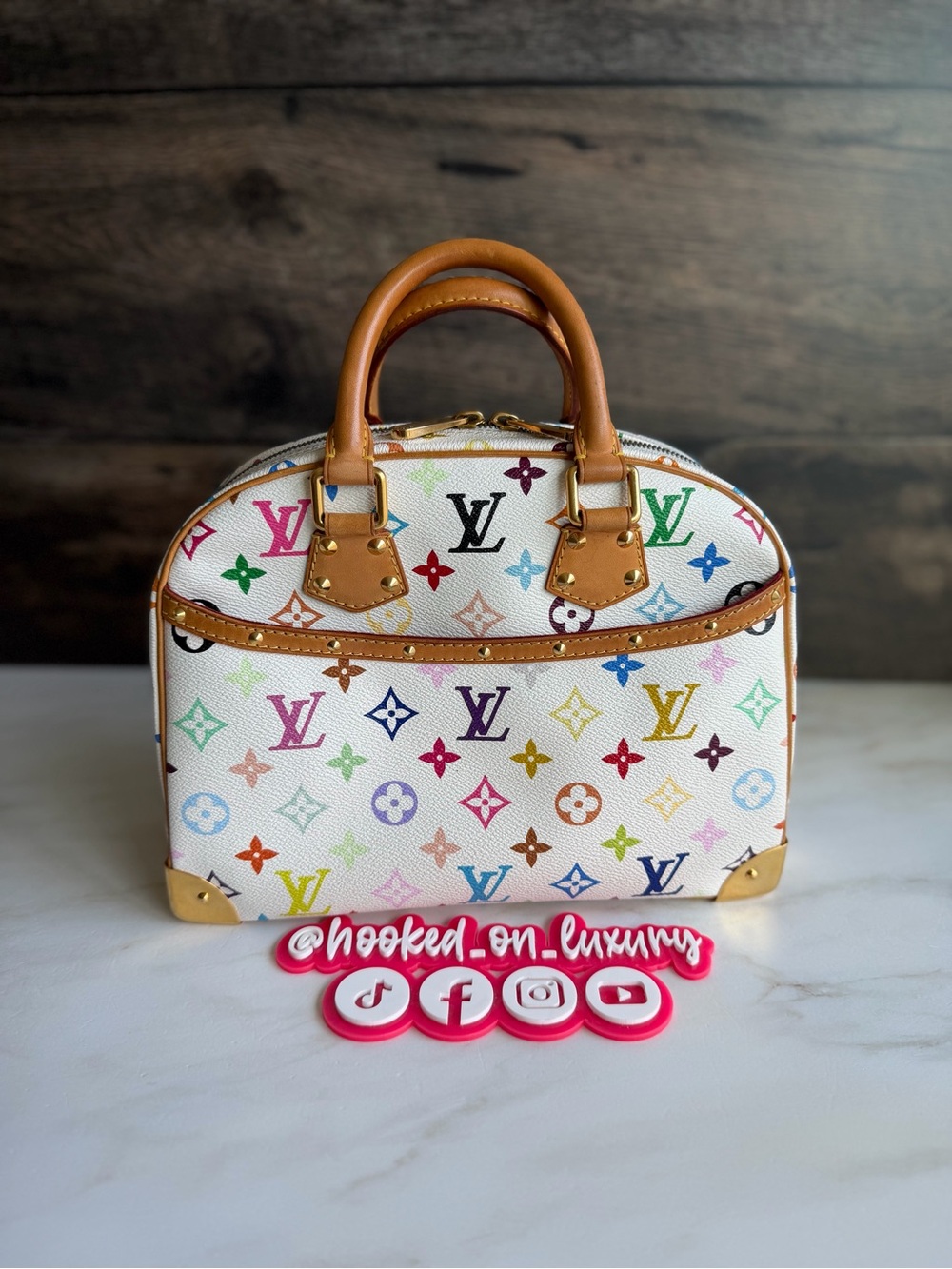 Authentic Louis Vuitton Takashi Murakami Trouville White Multicolor Handbag Tote